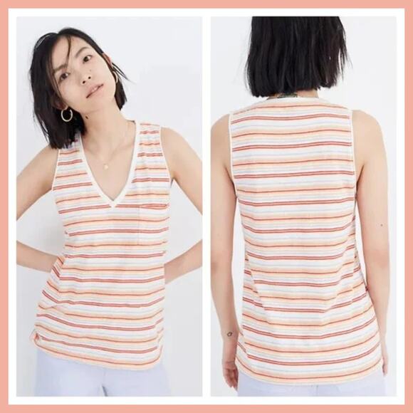 Madewell Whisper Cotton V-Neck Pocket Tank in Fieldgate Stripe Small - Picture 1 of 5